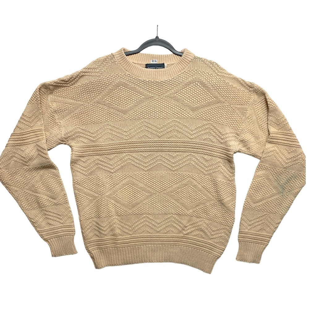 Kenneth Roberts Sweater Mens Size M Beige Knit Cotton Fisherman Cable Pullover
